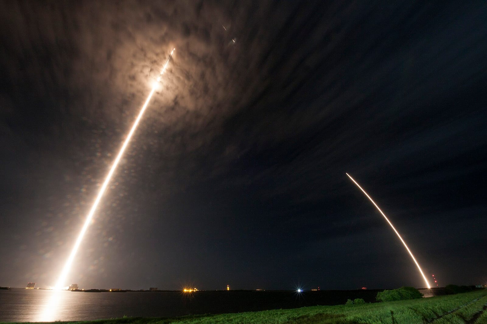 The starting and landing CRS-9 Falcon 9 rocket is seen in this long exposure.